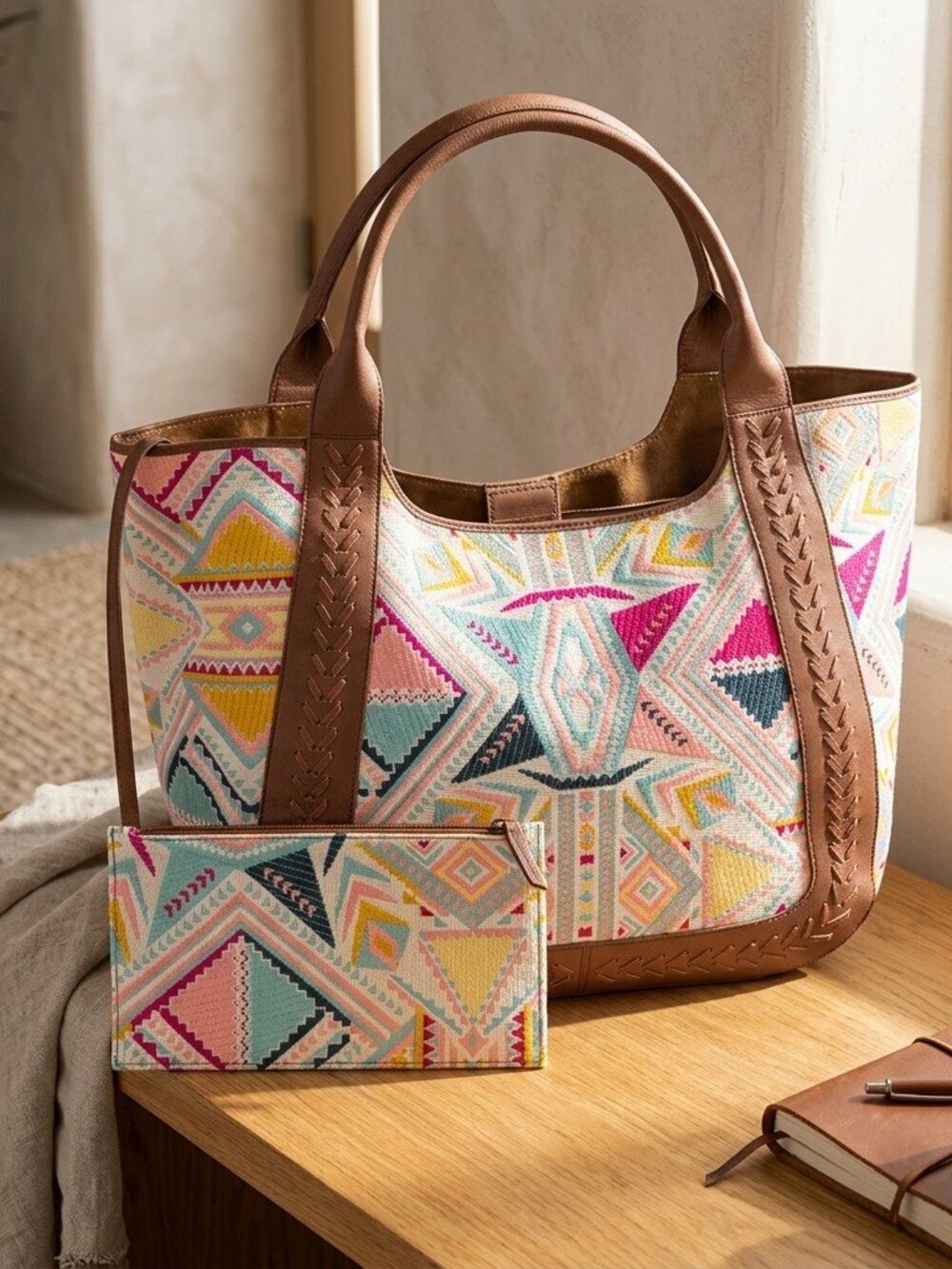 Sedona Horizon Jacquard Tote Bag in Sunset Coral - Picture 4 of 4